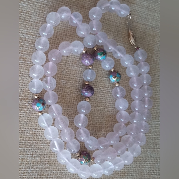 14k Clasp Spacers Rose Quartz Beaded Single Strand Cloisonne Necklace - Picture 2 of 14